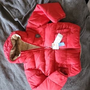 TianZong: Puffer Jacket w/ sherpa lining, Red/Tan, 5-6t (130)